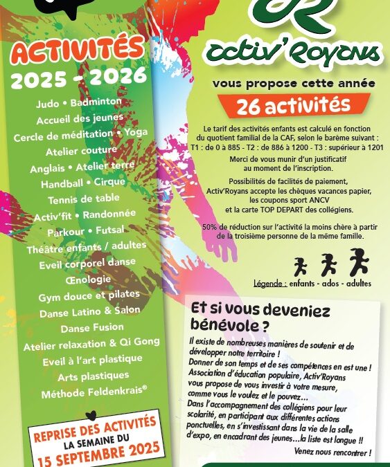 Activités régulières de la saison 2025-2026, ouverture des inscriptions dès le jeudi 28 aout !
